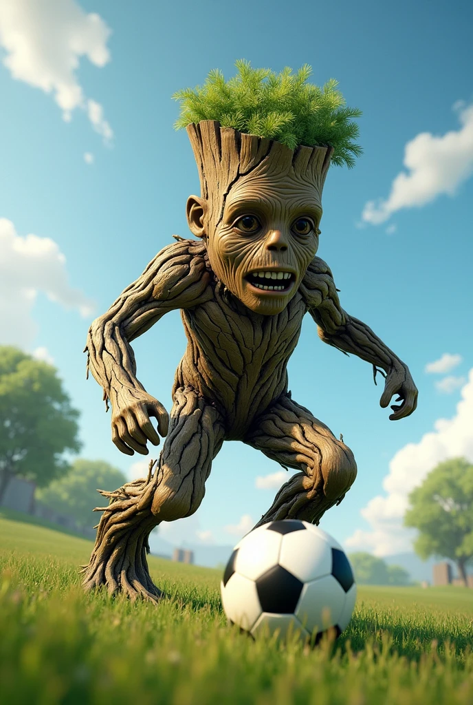 Make a tree trunk playing soccer