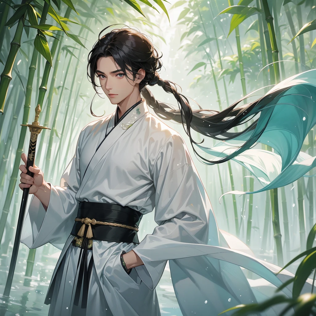 A Handsome black-hair male holding a large sword in white hanfu dress, close up.
The back is a lush green bamboo forest. The air after rain has water droplets splashing around.