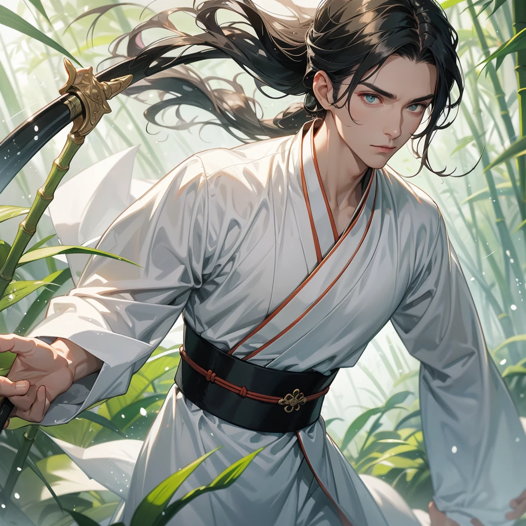 A Handsome black-hair male holding a large sword in white hanfu dress, close up.

The back is a lush green bamboo forest. The air after rain has water droplets splashing around.
