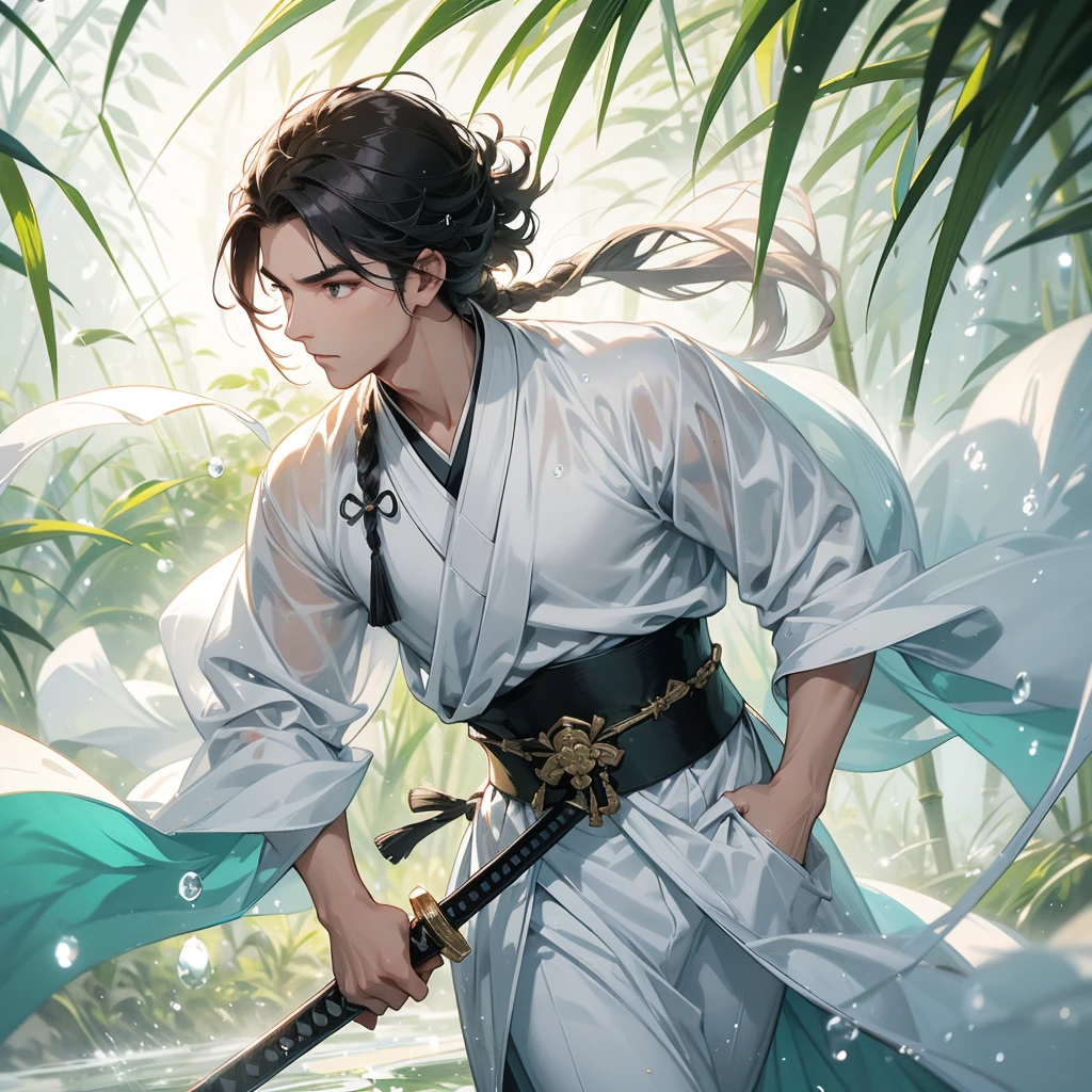A Handsome black-hair male holding a large sword in white hanfu dress, close up.
The back is a lush green bamboo forest. The air after rain has water droplets splashing around.