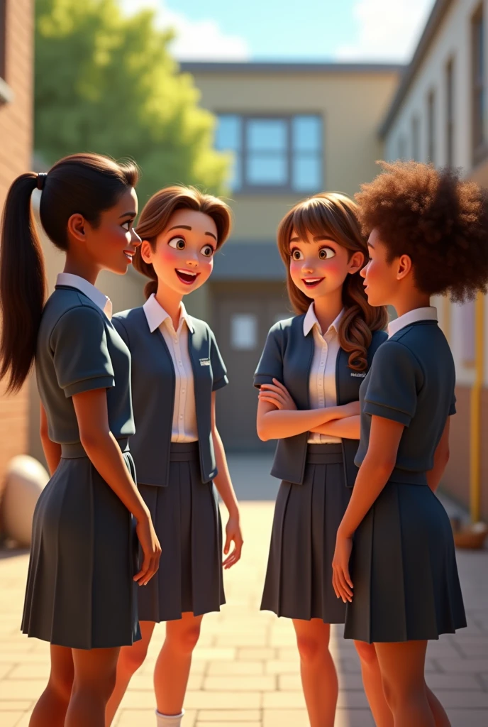 disney pixar movie character FIVE high school students wearing uniform (ONE tan and plus size male and FOUR white female) laughing and talking to one another. Full body