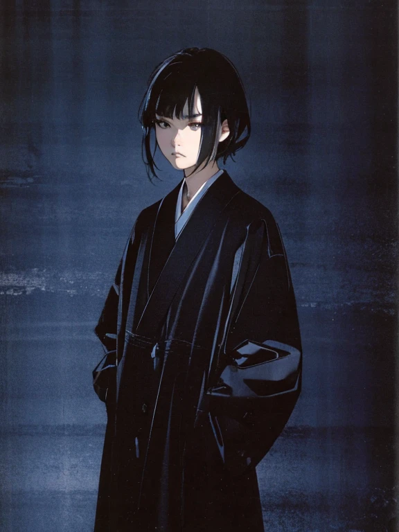 Black Hair、Cold look:1.5、Japanese Teens、Dark Background、One Cool Lady:1.2、Sharp Eye、night、Sad face、whole photo、Looking up at the sky、Put your hands in your pockets、Transparent woman、Black Eyes