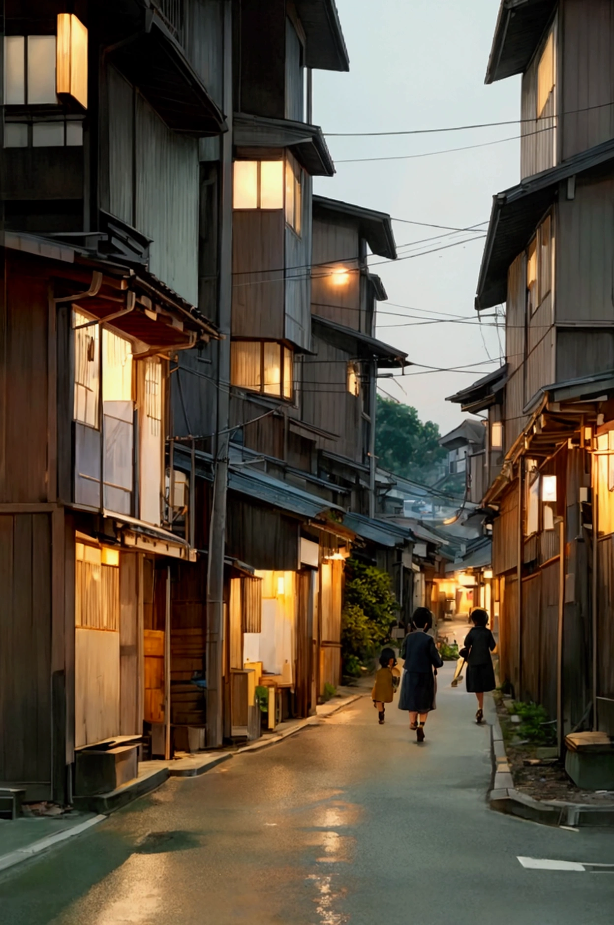 Showa era residential area、evening、The smell of curry fills the air、Children playing on the road、Realistic texture、Realistic images、Very detailed