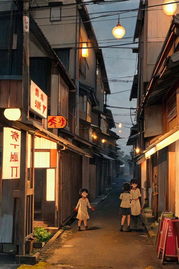 Showa era residential area、evening、The smell of curry fills the air、Children playing on the road、Realistic texture、Realistic images、Very detailed