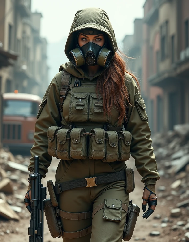 (Photorealism:1.2), beautiful armed woman, A female soldier wearing a gas mask patrols the ruins.