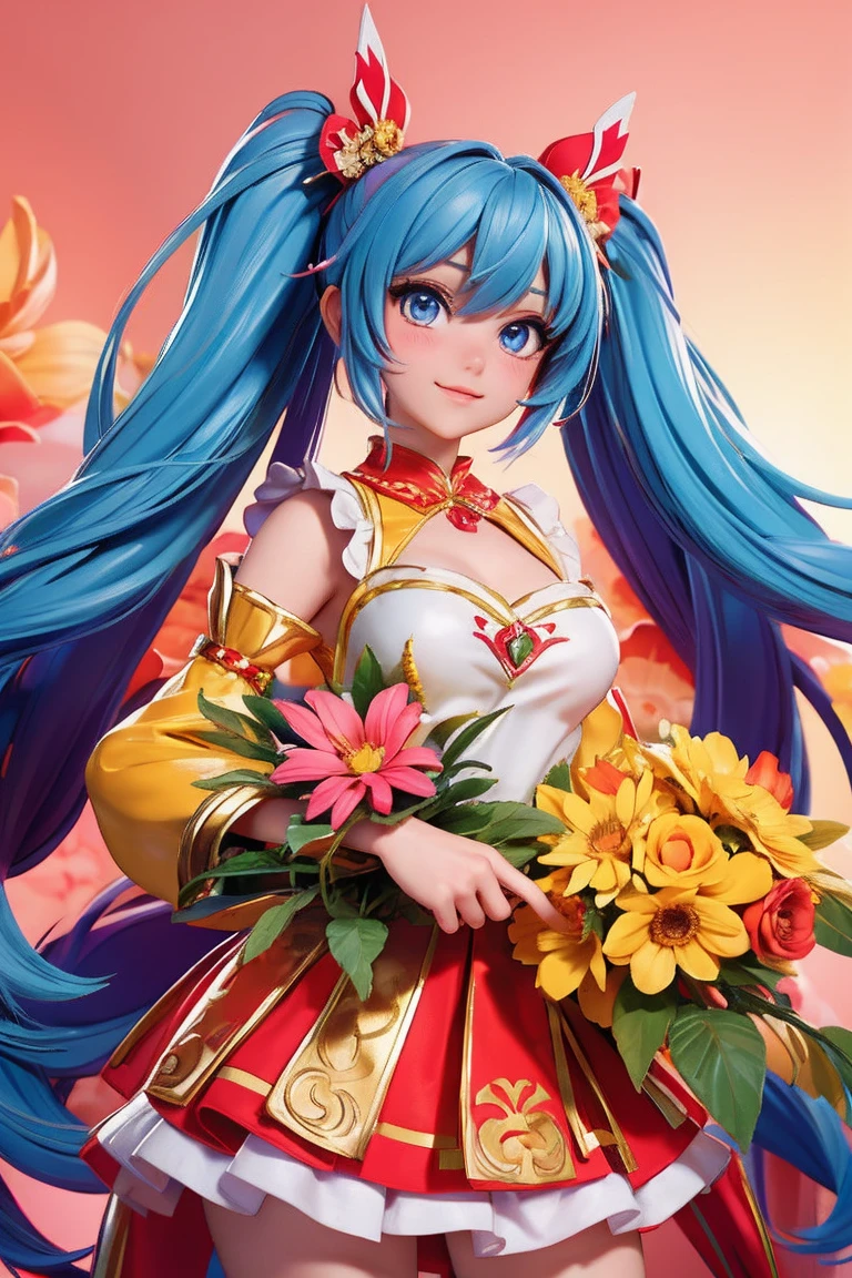(masterpiece, best quality), a cute girl anime character, cute girl, long twintail hair, colorful hair, mythology, fancy dress, high detailed, holding big blooming flower, fantasy mood and tone background