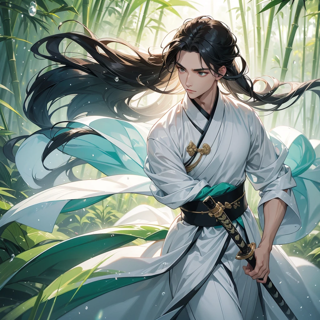A Handsome black-hair male holding a large sword in white hanfu dress, close up.
The back is a lush green bamboo forest. The air after rain has water droplets splashing around.
