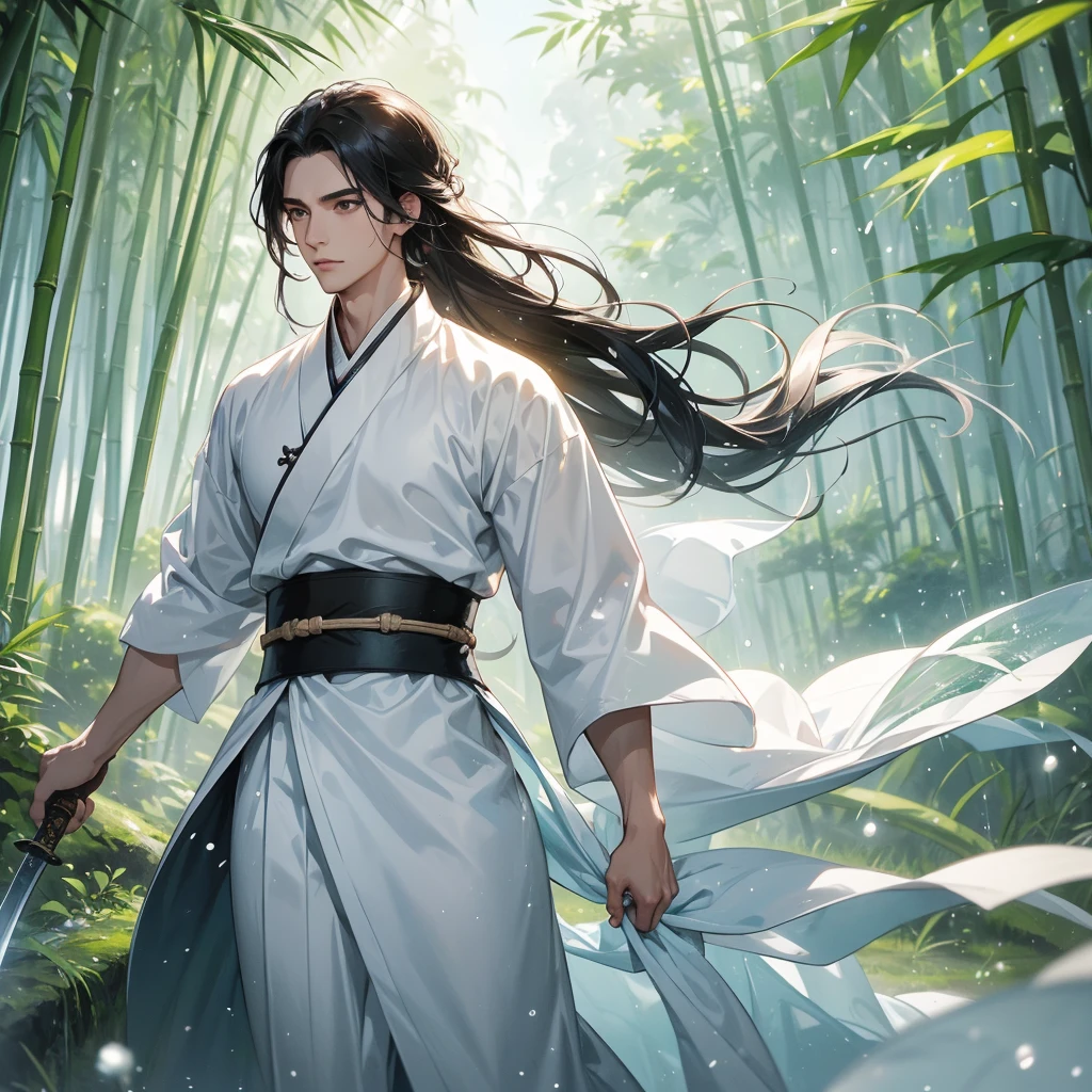 A Handsome black-hair male holding a large sword in white hanfu dress, close up.
The back is a lush green bamboo forest. The air after rain has water droplets splashing around.