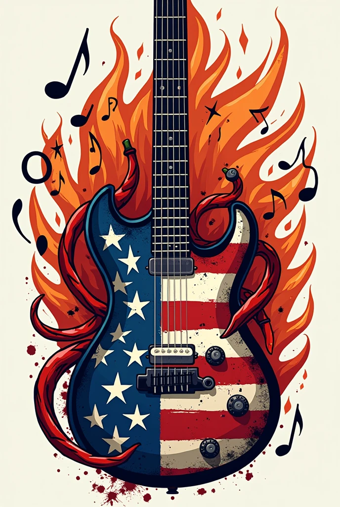 "Design a logo for the music band 'Red Hot Chili Peppers' that combines bold American political themes with their energetic rock-and-roll style. Feature a central electric guitar with an American flag motif, where the guitar body is painted with stars and stripes. Integrate flames and chili peppers that intertwine around the guitar neck, giving a dynamic, fiery effect. The band's name, "Red Hot Chili Peppers" should be in bold, graffiti-style lettering that appears to be scorched or singed at the edges, conveying a rebellious spirit. Incorporate musical notes subtly around the logo, and use a vibrant color palette of red, blue, white, and hints of orange for a modern, edgy look. The design should be visually captivating, merging elements of music, patriotism, and the band's fiery essence into a cohesive and eye-catching logo."