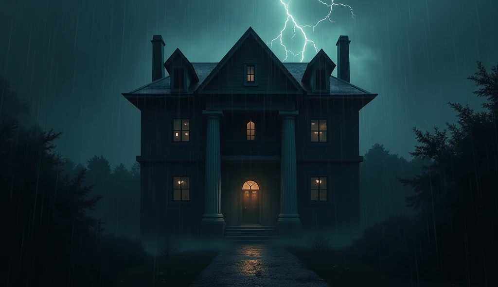 A dark, atmospheric scene depicting a large, ominous house under a striking thunder amidst heavy rainfall at dark night. The scene is almost entirely black, with only a few windows illuminated by a dim light, creating a stark contrast. The structure is framed by two tall, white columns at the entrance, which are illuminated by a thunder, stand out against the darkness. Above the entrance, a small, arched window is faintly visible. The rain is pouring down, adding to the gloomy and eerie mood of the scene.