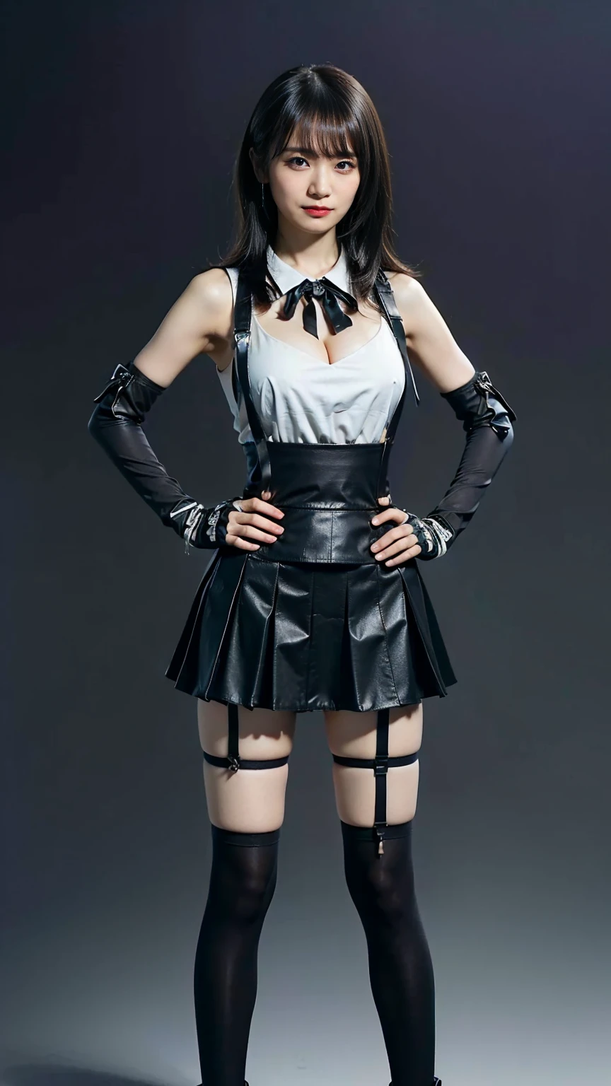 (8k、RAW Photos、Highest quality、masterpiece:1.2)、(Realistic、Realistic)、1 person、((black and white、Cleavage、tights、Gloves、Garter Ring、mini skirt、Thin legs、whole body、boots、View from the front、Looking into the camera、Stand with hands on hips))、cute