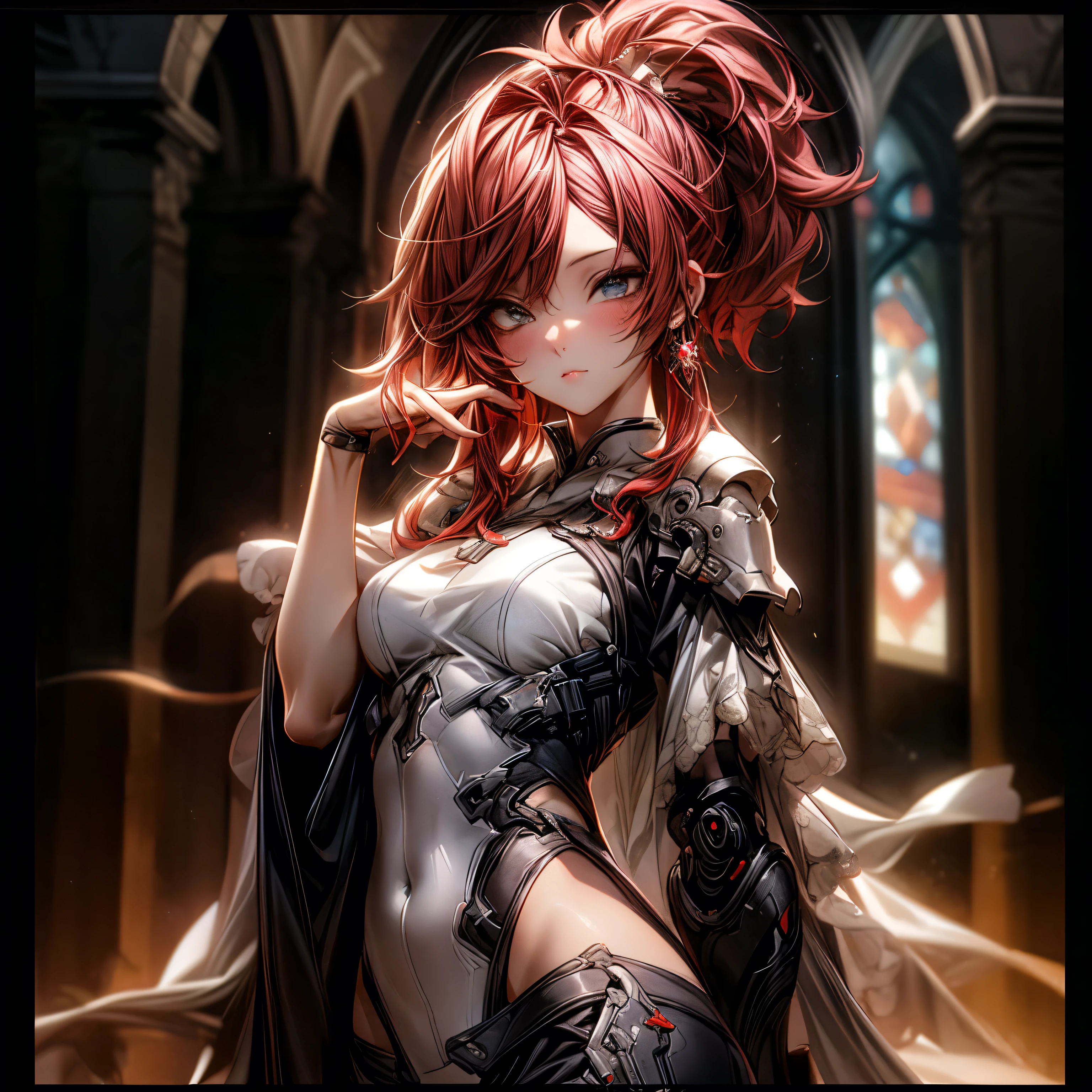 (best quality)), ((Masterpiece)), (details:1.4), 3d, HDR (high dynamic range), an image of a beautiful cyberpunk female, fantasy, Cyberpunk, Red hair, Highi ponytail, Beautiful white eyes, จมูกโด่ง, Hips up, ปากแดง, หน้าอกใหญ่, nvidia RTX, PBR surface, After processing, Anisotropic filtration,depth of field, Maximum clarity and clarity, multi-layered surface, Subsurface scattering, perfect proportions, 8K raw files, ultra detailed, Perfect proportions, volumetric lighting, soft lighting, Holy Paladin, Heavy Black Armor, glossy skin, intricate silver embroidery, chapel background, jewely, ต่างหู, นิ้วมือสมบูรณ์,