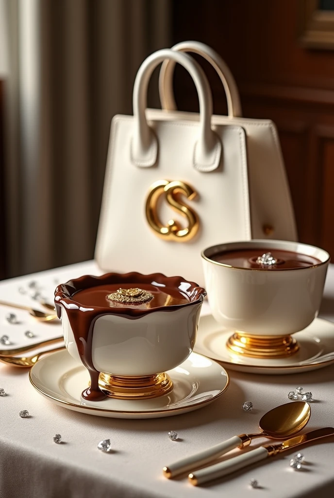 Make a picture of a table with a chocolate fondue waterfall and also a cheese fondue, fondues generate a lot of desire!
 This table also has scattered diamonds that bring luxury to the image., also include things that refer to the Carmen Steffens brand.
Put the letters  "CS" (logo da Carmen steffens) gold joints in the middle of the table, and a white leather bag also with the logo with gold details, in the background in the background.