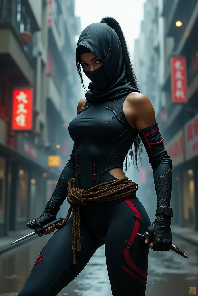 The same as described, but the girl should be more ninja asthetic, more ninja warrior