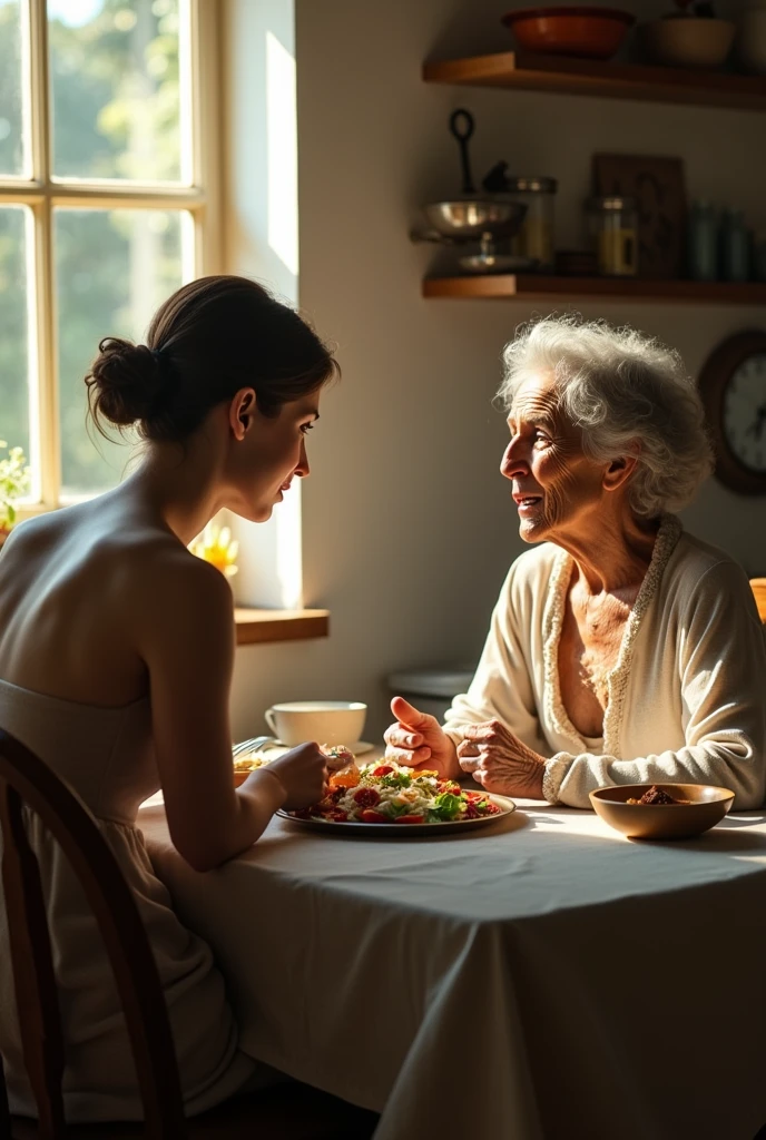 Create a naked girl and an old woman in a kitchen sitting talking at a table
