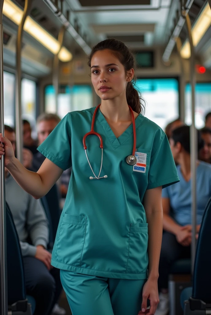 One girl with wavy dark brown hair in a ponytail, tan skin, freckles, blue eyes, wearing blue nurse scrubs, full-body image, train station background, neutral expression.