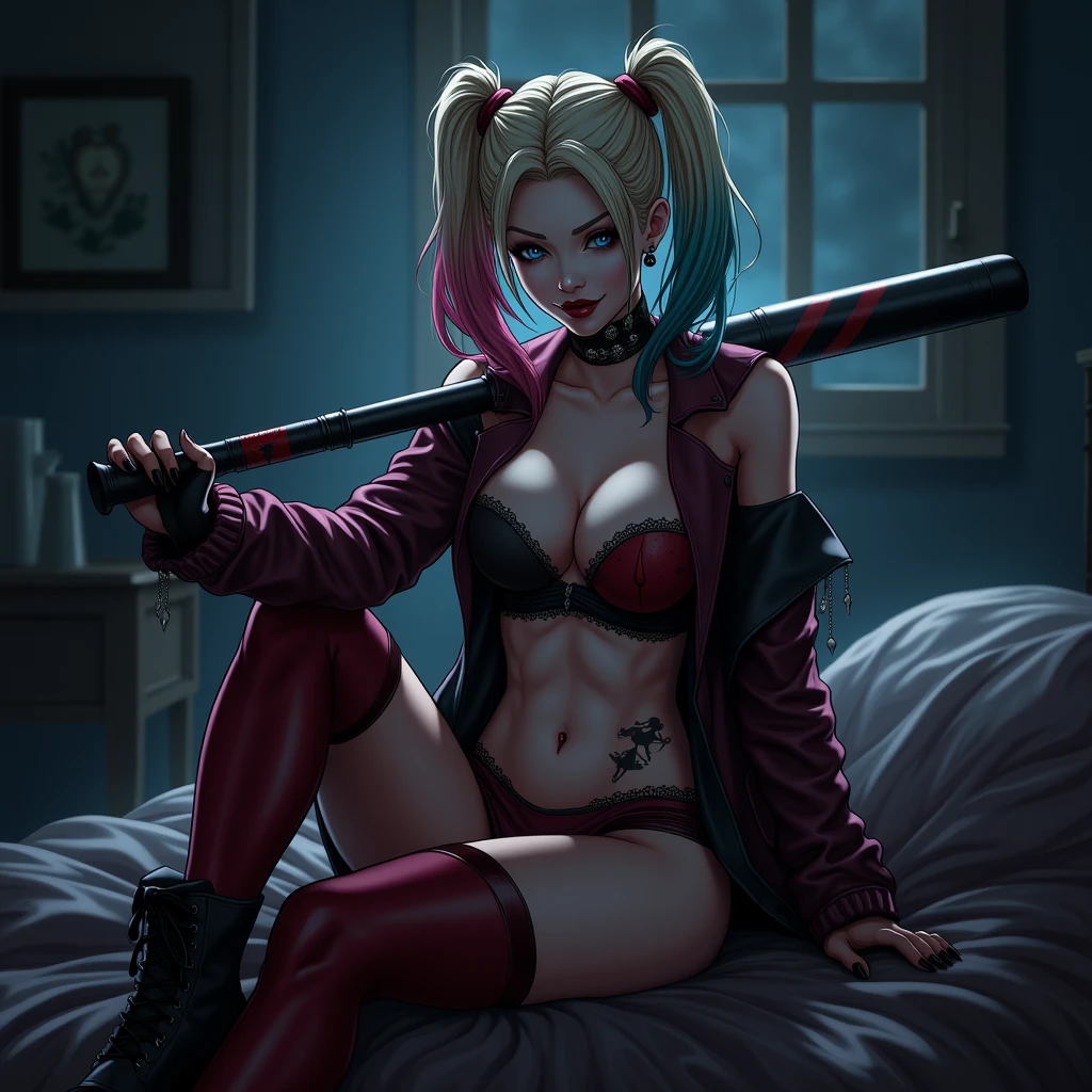 Harley quinn sitting on her bed ... Joker should be handsome man dark aesthetic background at night in her house in anime version she is holding a baseball bat in her hand ... She is wearing hot clothes ... She is on badass pose like a villain