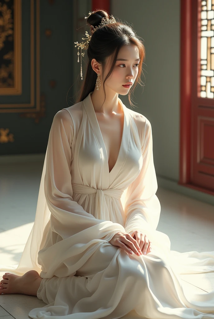 A woman in a white dress is sitting on the floor,White Hanfu,palace,Girl wearing Hanfu,Hanfu,Dressed in ancient Chinese costumes,Gurwitz,Ethereal Beauty,Guttweiz-style artwork,Beautiful fantasy queen,Chinese traditional clothing,Chinese clothing,Chinese traditional,Light milky white porcelain skin,Ordinary girl's bare feet and hands,Sexy