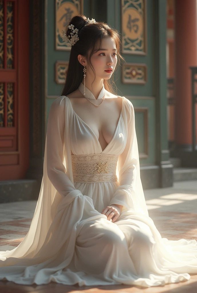 A woman in a white dress is sitting on the floor，White Hanfu，palace，Girl wearing Hanfu，Hanfu，Dressed in ancient Chinese costumes，Gurwitz，Ethereal Beauty，Guttweiz-style artwork，Beautiful fantasy queen，Chinese traditional clothing，Chinese clothing，Chinese traditional，Light milky white porcelain skin，Ordinary girl&#39;s bare feet and hands，Sexy