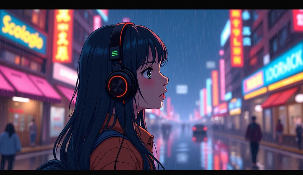 Perfect image, 8k, high school girl、 Using headphones, 2D-style animation, Lo-Fi, metropolis、A bright night、rain、Emotional、Retro、Anime style illustrations