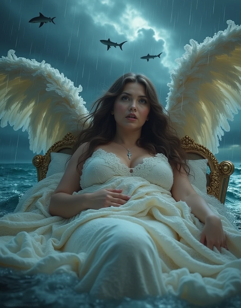 Photorealistic fantasy scene from a dream, mature voluptuous scared angel redhead woman, folded filigree feathered wings, just waking up sitting in her opulent decorated bed, timid, shy, surprised, tears, her filigree bed outdoors (drifting floating in the ocean), desperately holding on her filigree lace blanket, partially covered, one firm breast exposed, her long voluminous hair blowing in the strong wind, thunderstorm, (rough sea background, strong swell, sharks circling her bed, heavy rain), tears, stunning captivating bright eyes looking at viewer, waving red clouds are bed