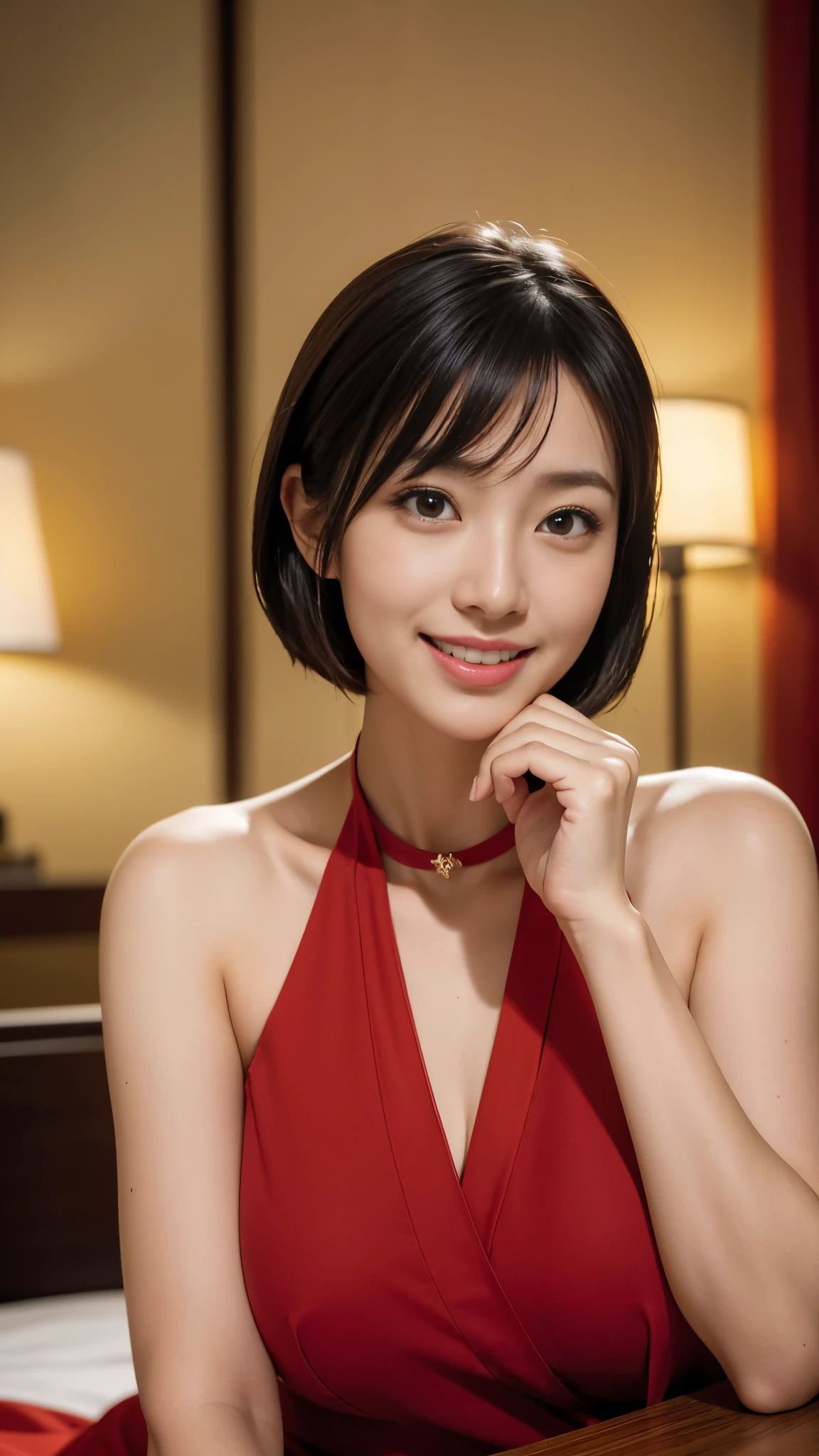 Portrait, 8k, high quality, realistic photographic image, Japanese woman, pretty wife, housewife, natural and realistic eyes, Japanese standing, beautiful black hair, short hair,, accurate rendering, golden ratio composition, laughter, 44 yrs. Hair, light makeup, octane rendering, dim lighting, golden ratio composition, laughter, normal clothes, casual clothes, luxury city hotel, hotel room, red candle lit on table, hands on table, thick red collar around neck, wearing red heels, blurred background, high quality, pure Japanese style, beautiful wife, upper body, light makeup, no makeup. Makeup, neat, plain, red, purple, blue, plain, plain clothes, smiling, black eyes, background blurring.