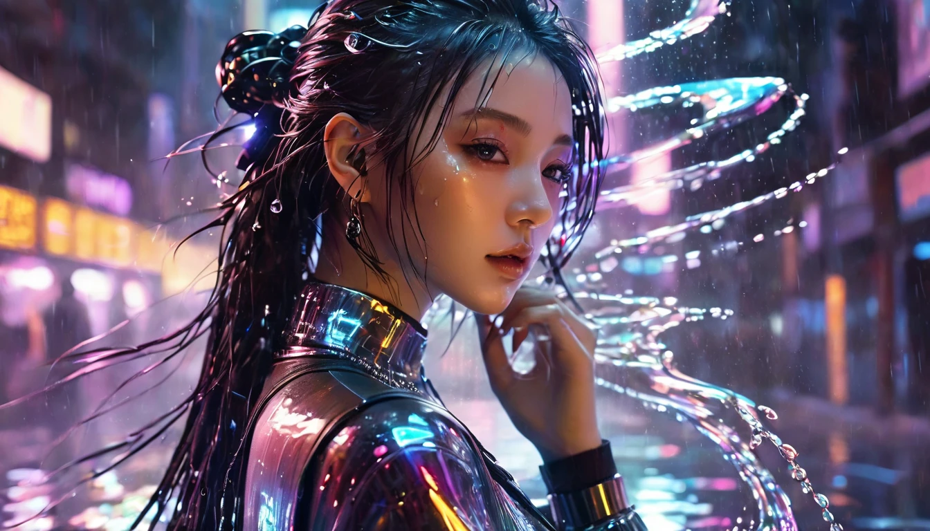 1 girl,beautiful, cyberpunk style,Bling Bling Bling Bling,motion blur,water drop,Cinematic lighting effects