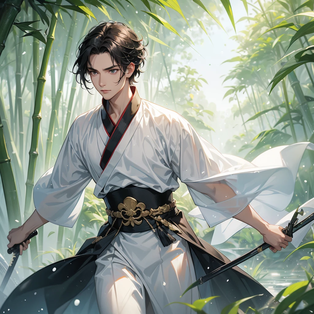 A Handsome black-hair male holding a large sword in white hanfu dress, close up.

The back is a lush green bamboo forest. The air after rain has water droplets splashing around.