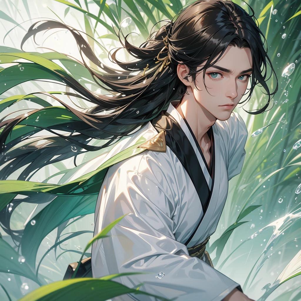 A Handsome black-hair male holding a large sword in white hanfu dress, close up.
The back is a lush green bamboo forest. The air after rain has water droplets splashing around.
