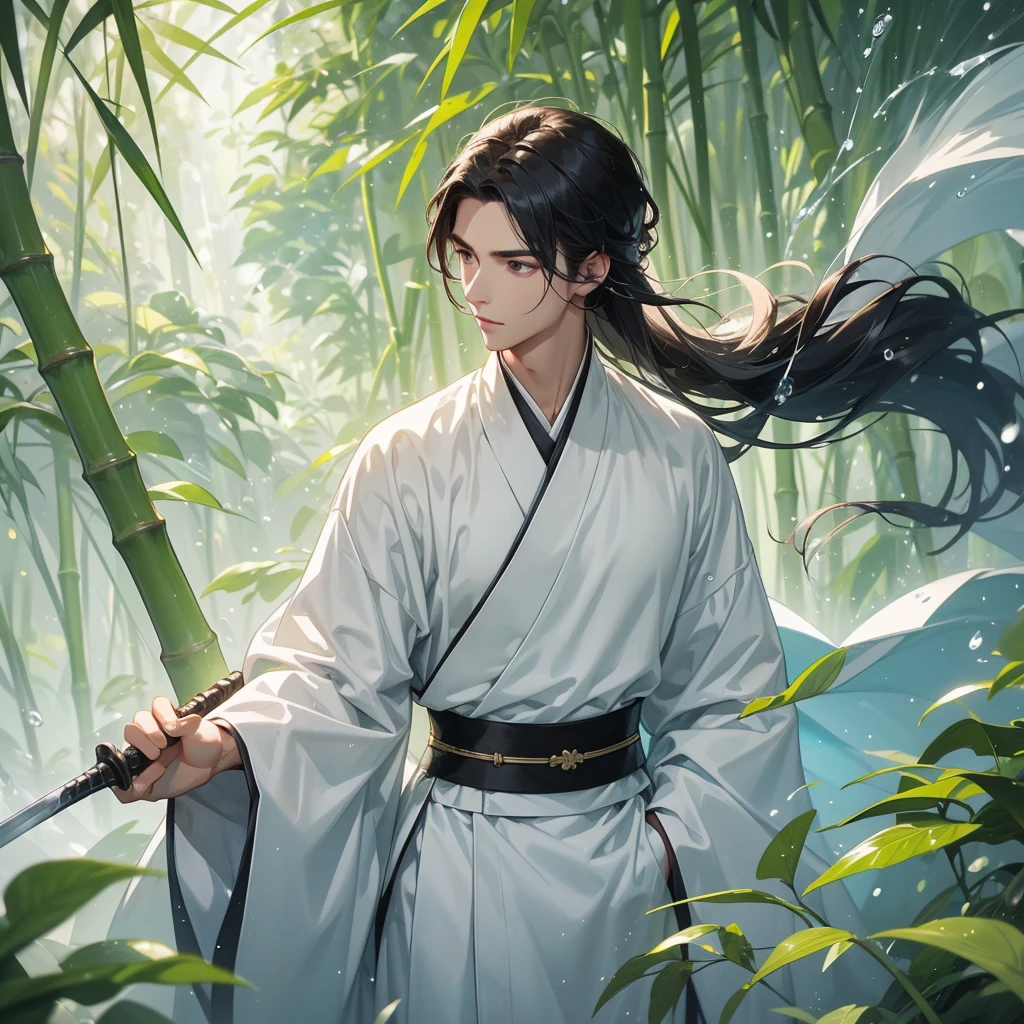 A Handsome black-hair male holding a large sword in white hanfu dress, close up.
The back is a lush green bamboo forest. The air after rain has water droplets splashing around.