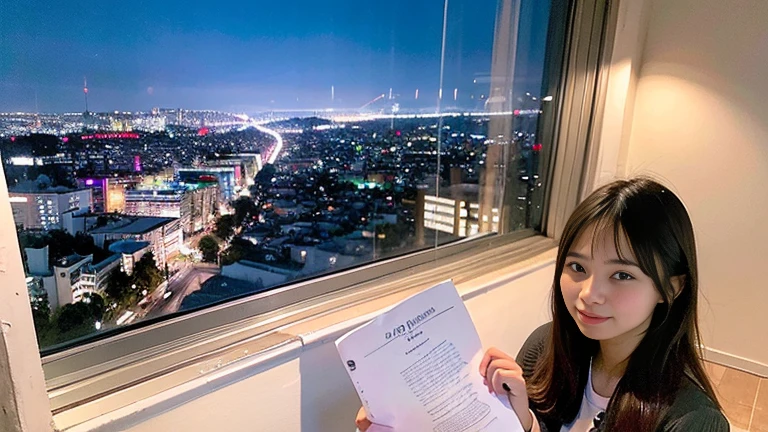girl　room　City night view　studying