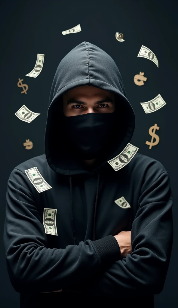 "Create a high-resolution, visually engaging course cover image. The central subject should be a male figure hiding his face with a black mask or ninja-like attire, positioned dynamically in an action pose. The mask should completely obscure the facial features to emphasize anonymity. Use a solid, high-contrast background color, such as deep navy blue, black, or dark gray. Add subtle gradients or textures to provide depth while keeping the background unobtrusive. Incorporate symbols of financial success, like dollar signs ($), stacks of bills, or currency icons, positioned around the male figure or as prominent visual elements. These symbols should be rendered with high contrast or a glossy effect. Include visual references to video editing, such as camera icons, film reels, or editing software icons (like scissors or a timeline), subtly placed in the background or around the main subject. Ensure these elements are minimalistic to maintain a clean and professional look. The overall style should be sleek and modern, with a balanced composition that ensures the main subject and thematic elements (money and video editing) are visually harmonious. Do not include any text or written elements. The image should effectively convey the concepts of financial success through video content creation while maintaining the theme of anonymity."