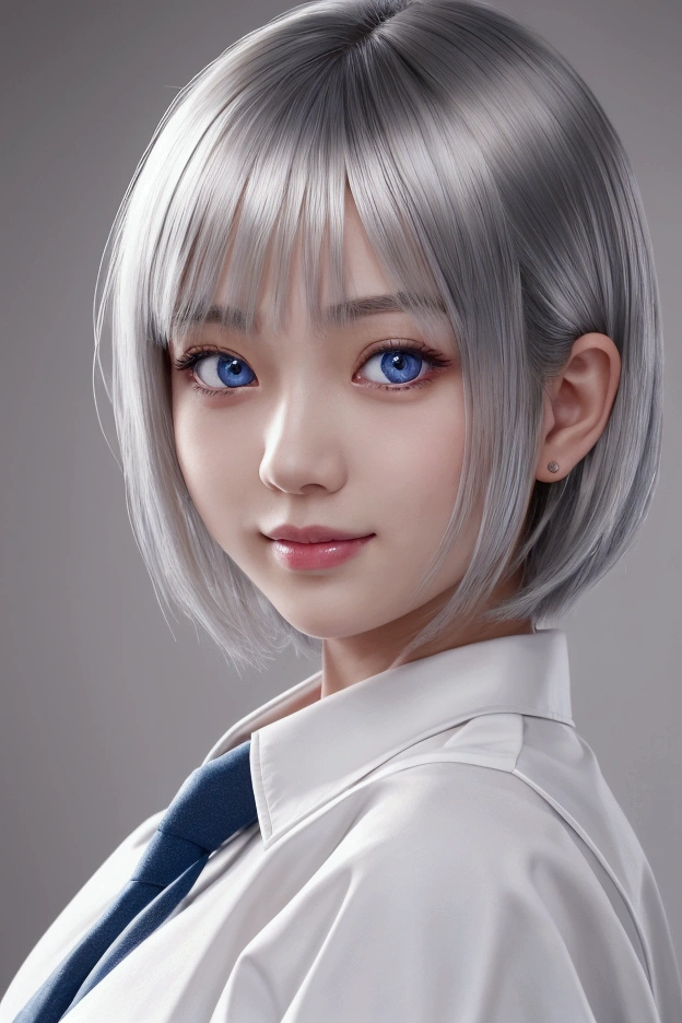 a beautiful young half japanese half Nordic girl,large expressive eyes,dorrpy eyes,beautiful detailed eyes,charming eyes,extremely detailed and beautiful face,charming smile,flawless transparent skin,ultra short hair,silver hair,highschool uniform,masterpiece,high resolution,photorealistic,extremely detailed,detailed description,vivid colors,studio lighting,physically-based rendering,intricate detail