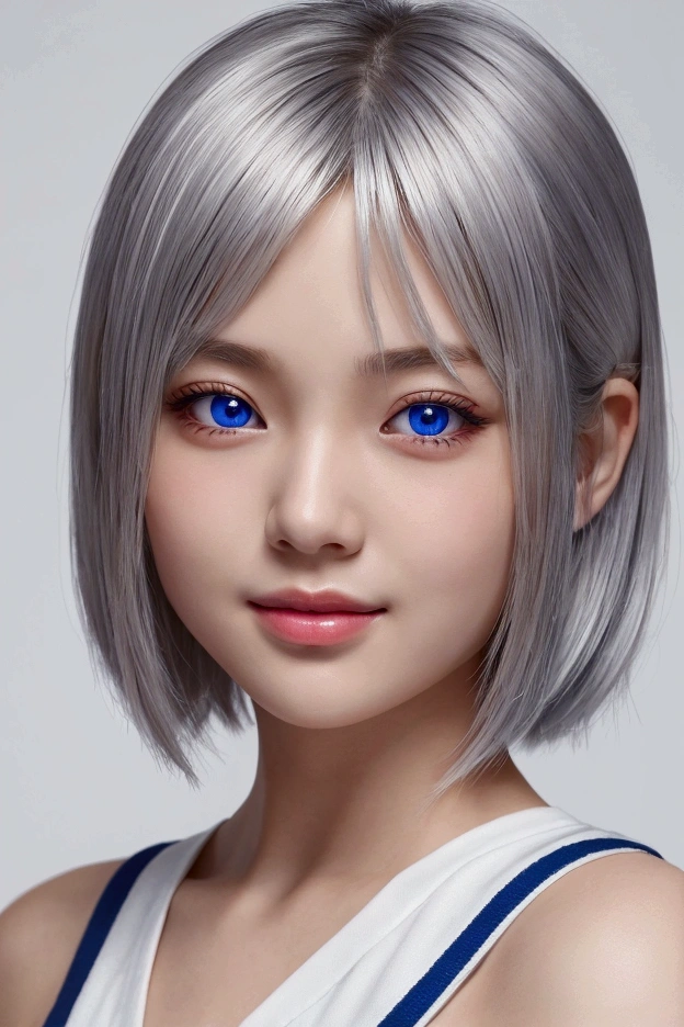 a beautiful young half japanese half Nordic girl,large expressive eyes,dorrpy eyes,beautiful detailed eyes,charming eyes,extremely detailed and beautiful face,charming smile,flawless transparent skin,ultra short hair,silver hair,highschool uniform,masterpiece,high resolution,photorealistic,extremely detailed,detailed description,vivid colors,studio lighting,physically-based rendering,intricate detail