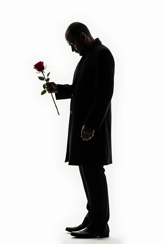 The image shows the full-length silhouette of a man, seen in profile. His figure is completely in black, as if it were a shadow. He is standing in a formal position, with arm extended forward, holding a red rose with the stem and leaves also in black. The rose stands out as the only colored element in the image, creating a dramatic contrast with the man&#39;s black background. The man&#39;s pose suggests that he is offering the rose to someone., but that person is not present at the scene. The image has a mysterious and evocative air, with the dark figure of the man dominating the composition. and the background of the image is white
