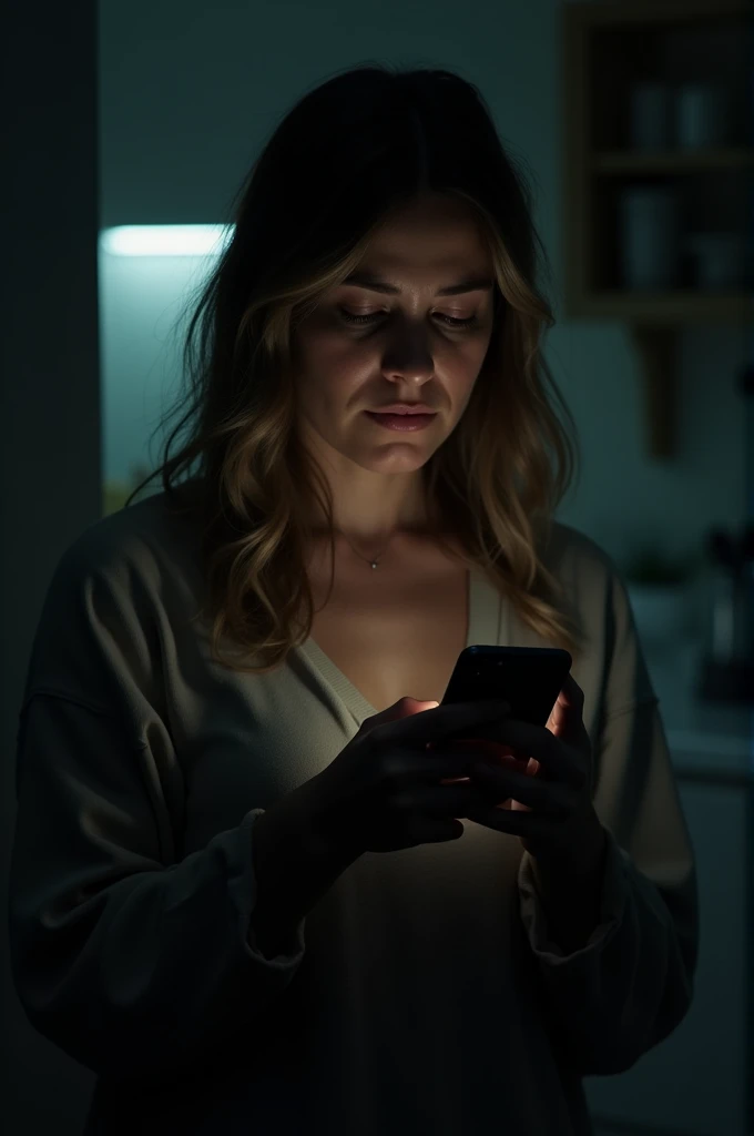 Elizabeth discovers the message: A dimly lit kitchen with Elizabeth standing by the counter, her hands trembling as she reads a message on Bernard's phone. Her expression is one of shock and heartbreak, tears welling in her eyes. The atmosphere should feel tense, with shadows emphasizing her emotional turmoil.
Make it real
Make the photos calm