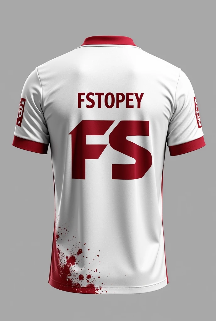 Front Design:

Base Color: Start with a clean white base for the jersey.
Spray Effect: Apply a dark red spray effect on the front of the jersey, creating a dynamic and aggressive look. This spray could be concentrated in the middle and gradually fade out towards the sides.
Logo Placement: Place the "Fs" logo in dark red or black on the top right chest area.
Team Name: In the center, prominently display the team name "Fury Soldiers" in bold, sharp typography. Consider using a dark red or metallic
