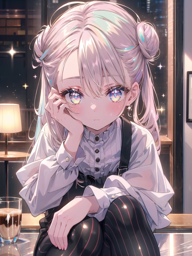 ((8k, Highest quality, masterpiece: 1.3)),Ultra-high resolution,(1 girl, alone), (Color changing eyes, Ultra-detailed, Expressive brilliance, Glitter, Glowing Eyes), Highly detailed eyes, Highly detailed face, Random Hair, ((pastel colour)In a trendy, minimalist coffee shop with sleek, modern décor, the woman sits at a polished marble table. A latte in a clear glass cup sits in front of her, alongside a small plate with a single cookie. She’s dressed in a fitted, striped long-sleeve shirt and black leggings, with her hair pulled back into a neat bun. She looks at the camera with a pensive, almost melancholic expression, her chin resting on her hand as she gazes into the lens, as if contemplating something serious or reflecting on a difficult decision (nsfw:1.3)

