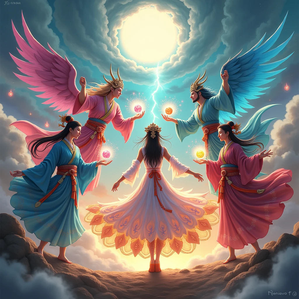 Fengshen and Thunder God、Fūshin and Raijin Diagram、 There are five characters in total:Female Fairy,Please put your hands up,Leaning into the sky,Colorful fairy skirt,Hands holding colorful sacred stones,There is a hole in the sky。Mythological environment of ancient China,4. Extreme Details,Chinese Books《Chinese myths and tales》