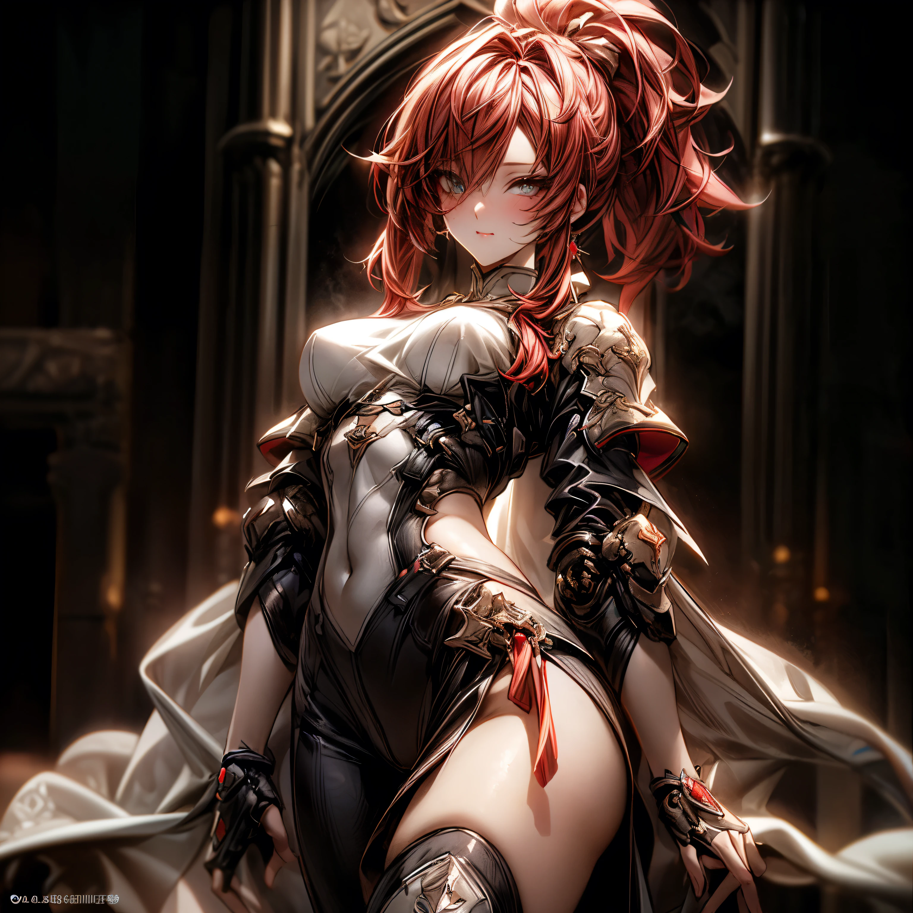 (best quality)), ((Masterpiece)), (details:1.4), 3d, HDR (high dynamic range), an image of a beautiful cyberpunk female, fantasy, Red hair, Highi ponytail, Beautiful white eyes, จมูกโด่ง, Hips up, ปากแดง, หน้าอกใหญ่, nvidia RTX, PBR surface, After processing, Anisotropic filtration,depth of field, Maximum clarity and clarity, multi-layered surface, Subsurface scattering, perfect proportions, 8K raw files, ultra detailed, Perfect proportions, volumetric lighting, soft lighting, Holy Paladin, Heavy Black Armor, glossy skin, intricate silver embroidery, chapel background, jewely, ต่างหู, นิ้วมือสมบูรณ์,