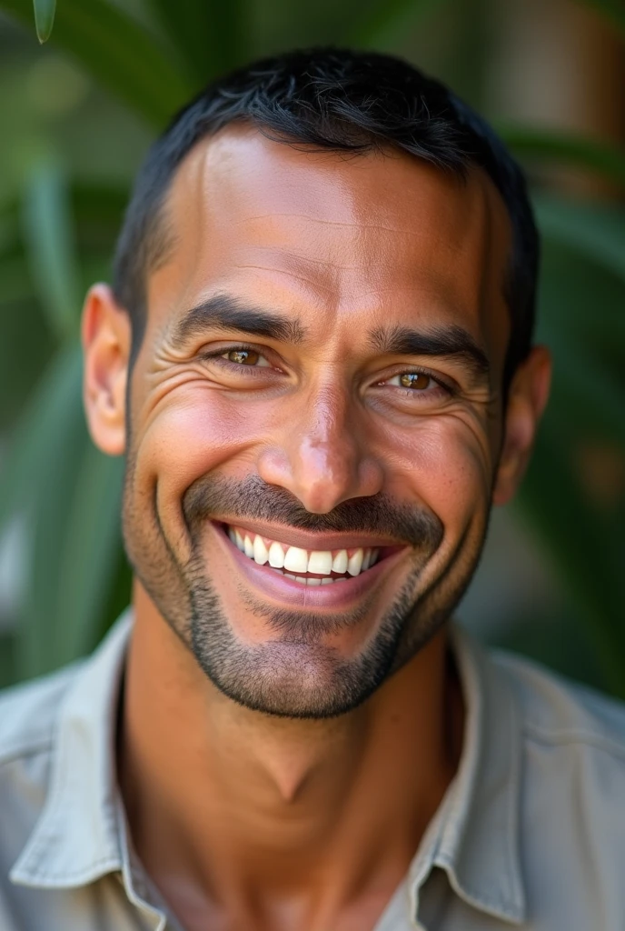 A Brazilian man with a lush neutral background, wearing a discreet shirt with a frontal close-up , showing off your natural charm and outgoing personality.