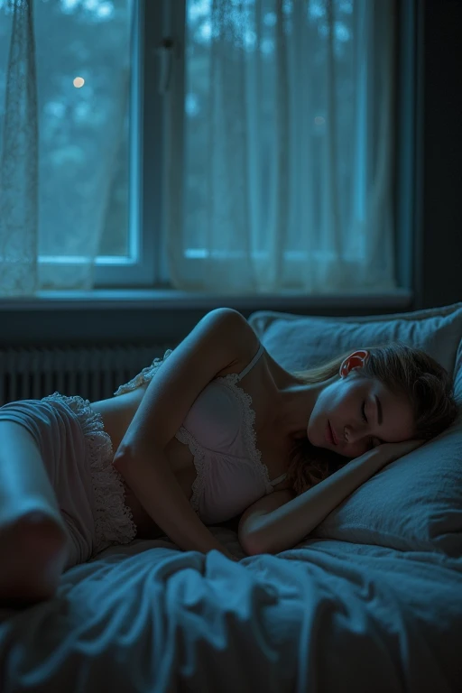 ((best quality)), ((masterpiece)), (detailed), 1girl, sexy((masterpiece, highest quality, Highest image quality, High resolution, photorealistic, Raw photo, 8K, Extremely detailed CG unified 8k wallpaper)), (huge stunning goddess shot, very hot and sexy, jaw-dropping beauty, perfect proportions, beautiful body, slim body beauty:1.4), The last scene of a romantic film, a woman sleeping on her favorite couch on a midnight ,a gentle breeze gently shaking the lace curtains, “my favorite couch” written in the center of the screen, (view from above:1.2),wearing night wears,midnight landscape ,night view,
