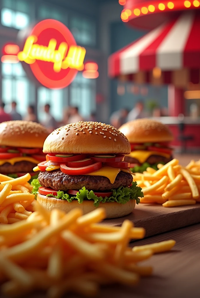 HAMBURGERS AND LOTS OF FRENCH FRIES AND A LOGO THAT SAYS LAND OF ALL