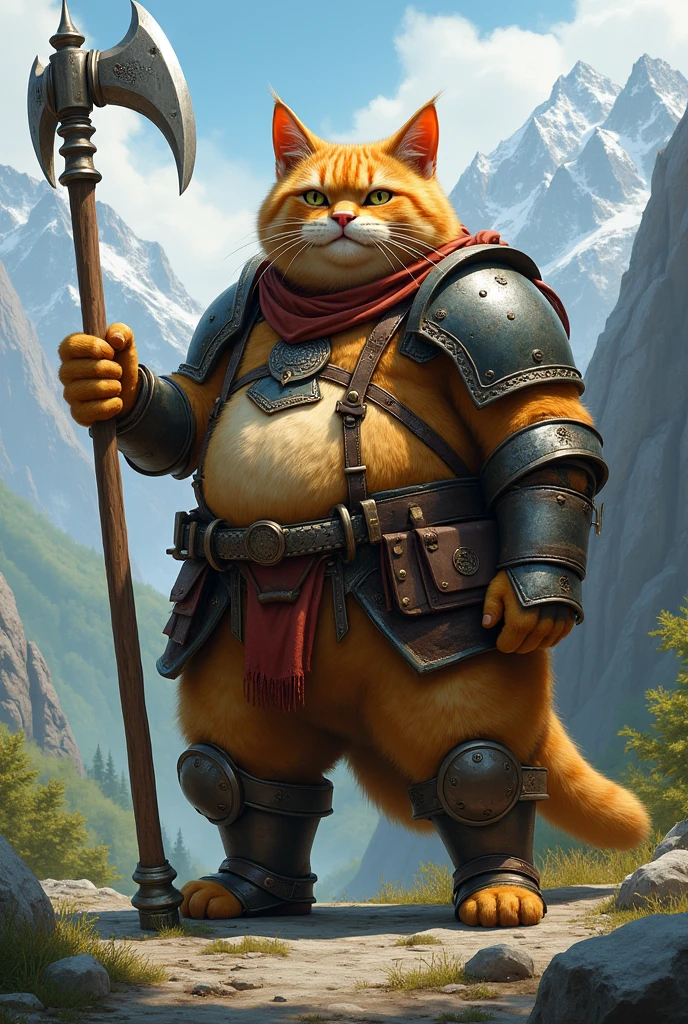 An anthropomorphic fat cat holding a halberd