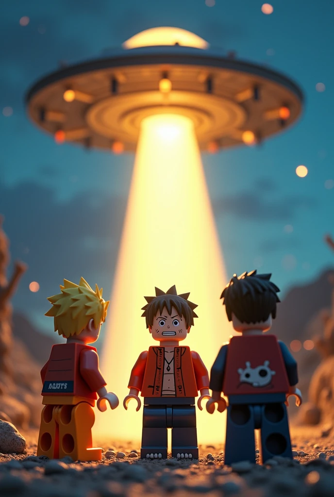 In a distant corner of the Lego universe, a mysterious UFO hovers above, casting an ominous glow on the landscape below. Suddenly, the unimaginable happens – Naruto from Naruto anime, Luffy from One Piece anime, and Gojo from Jujutsu Kaisen are caught in the UFO’s beam of light, being lifted into the sky! Watch as these iconic heroes, in their Lego forms, are drawn into an intergalactic adventure like no other.