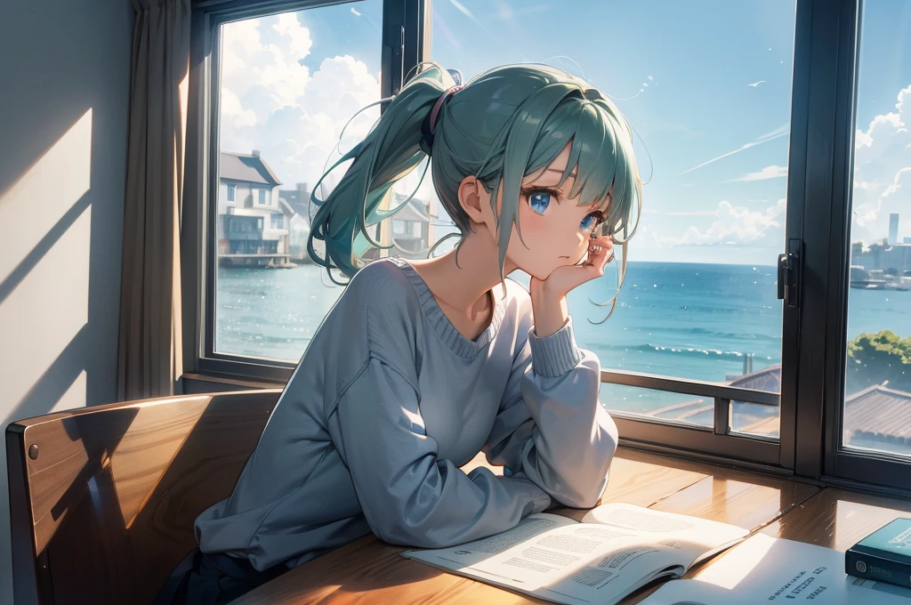 (Masterpiece,Best quality,Ultra high resolution: 1.1),Won the Best Anime Character Wallpaper Award,A girl is diligently doing homework at the table by the window,Looking out the window,Grey green hair,short ponytail,Blue eyes,((Detail aspect)),((Reasonable structure)),Wearing a white sweater,solo,Female Room,Desk lamp, curtains, wooden desk, sofa,Rich sense of space,Young and fashionable,Coastal houses,The window faces the sea,short ponytail, soft lights, Panoramic lens, super details,