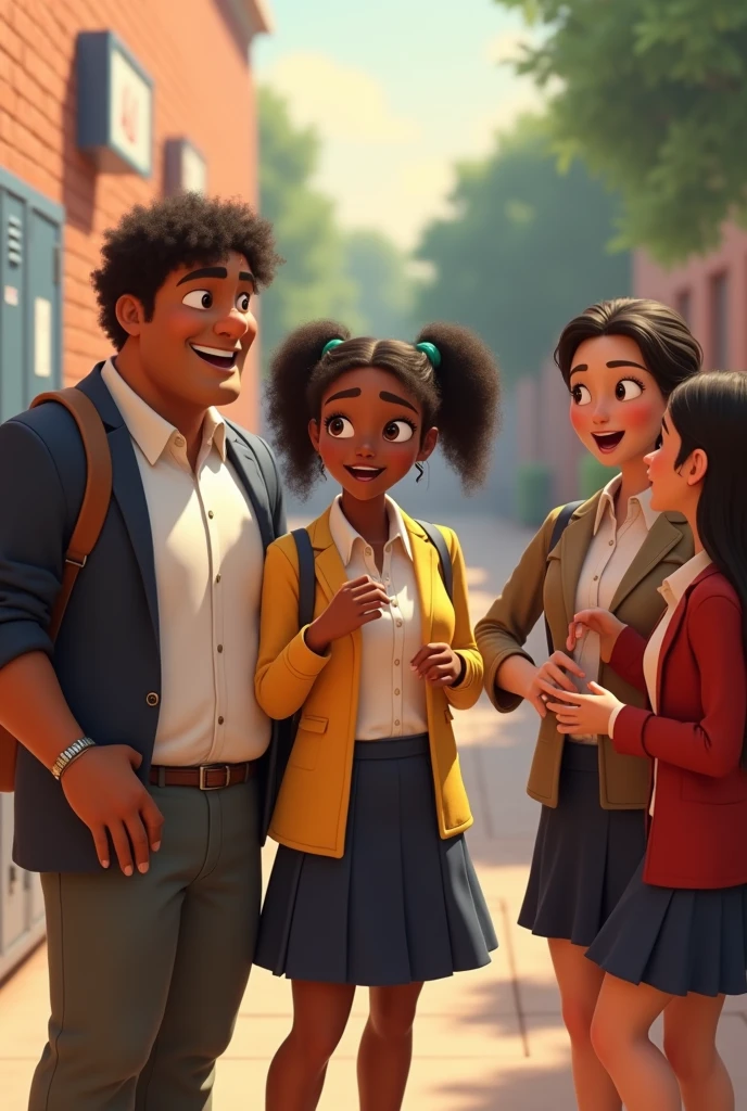 Generate an image of a girl with long hair, black and very wavy, dark brown eyes, chubby girl, and dark skin, dressed in a jean skirt and a white polo shirt and white sneakers, while watching the boy she likes with a girl together, the tall black haired boy, dark brown eyes, white skin and slim build, while hugging the girl by the shoulders while laughing. The other girl has black hair, straight and a little long, dark brown skin, con dark brown eyes, He was wearing a cream-colored sweatshirt and a black polo shirt., The girl also looked happy. The background is of a nice and big school and around there were other students.