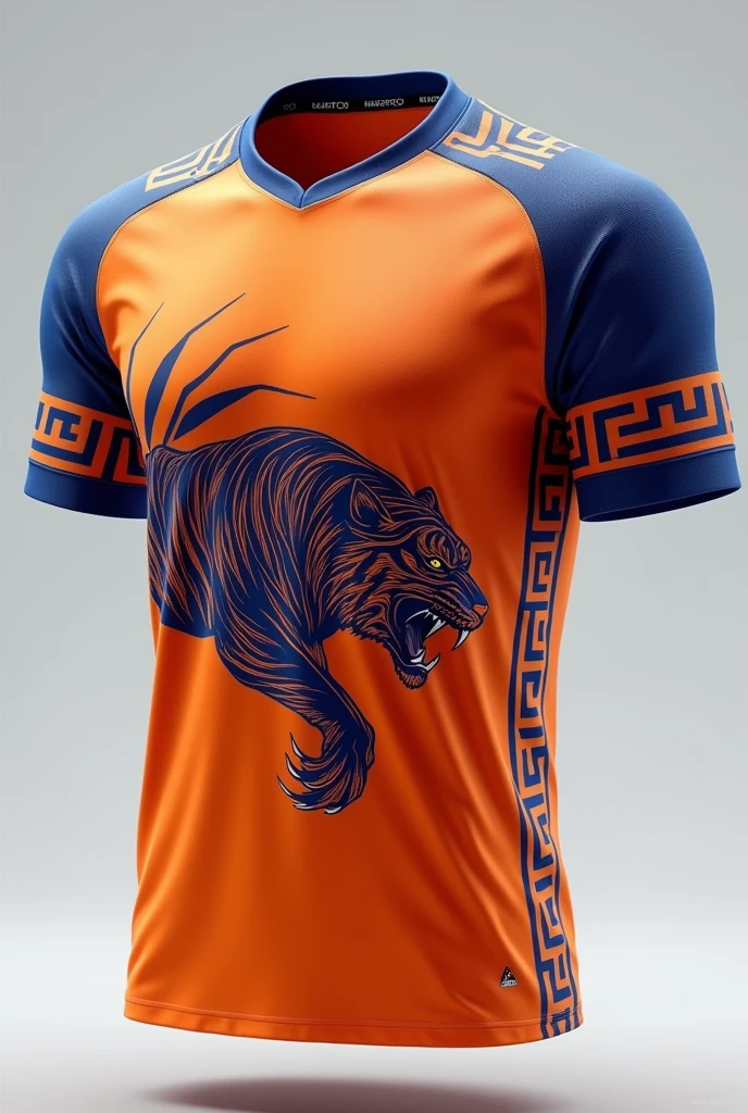 A model of a men&#39;s futsal shirt in orange with blue details, with a tiger on the chest of the small blouse, lots of details a claw on the back. Greek pattern sleeve details 