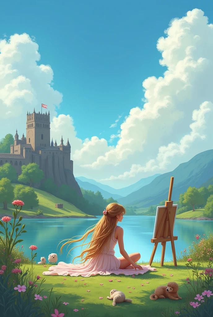 Make a image of girl.she is painting and her surrounding is very peacful.beautiful sky,pkants ,cute pets,beautiful and fairy theme long dress with some paint stains on it sky sould look beautiful and add a lake behind add a castle.edinburgh vibe .add little details
i want it for my phone wallpaper
