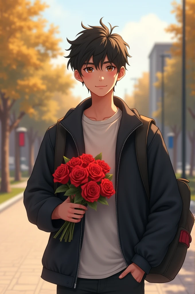 Can you make a man with black hair, brown eyes, having a messy hair, with dimples, 5'4 height and 21 years. Wearing a white shirt and black jacket. Handing a red roses standing at the center of school road. Waiting for his girl. Man with backpack in school realistic photo